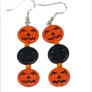 HANDMADE Fun And Quirky Halloween Black And Orange STONE Pumpkin Face Earrings